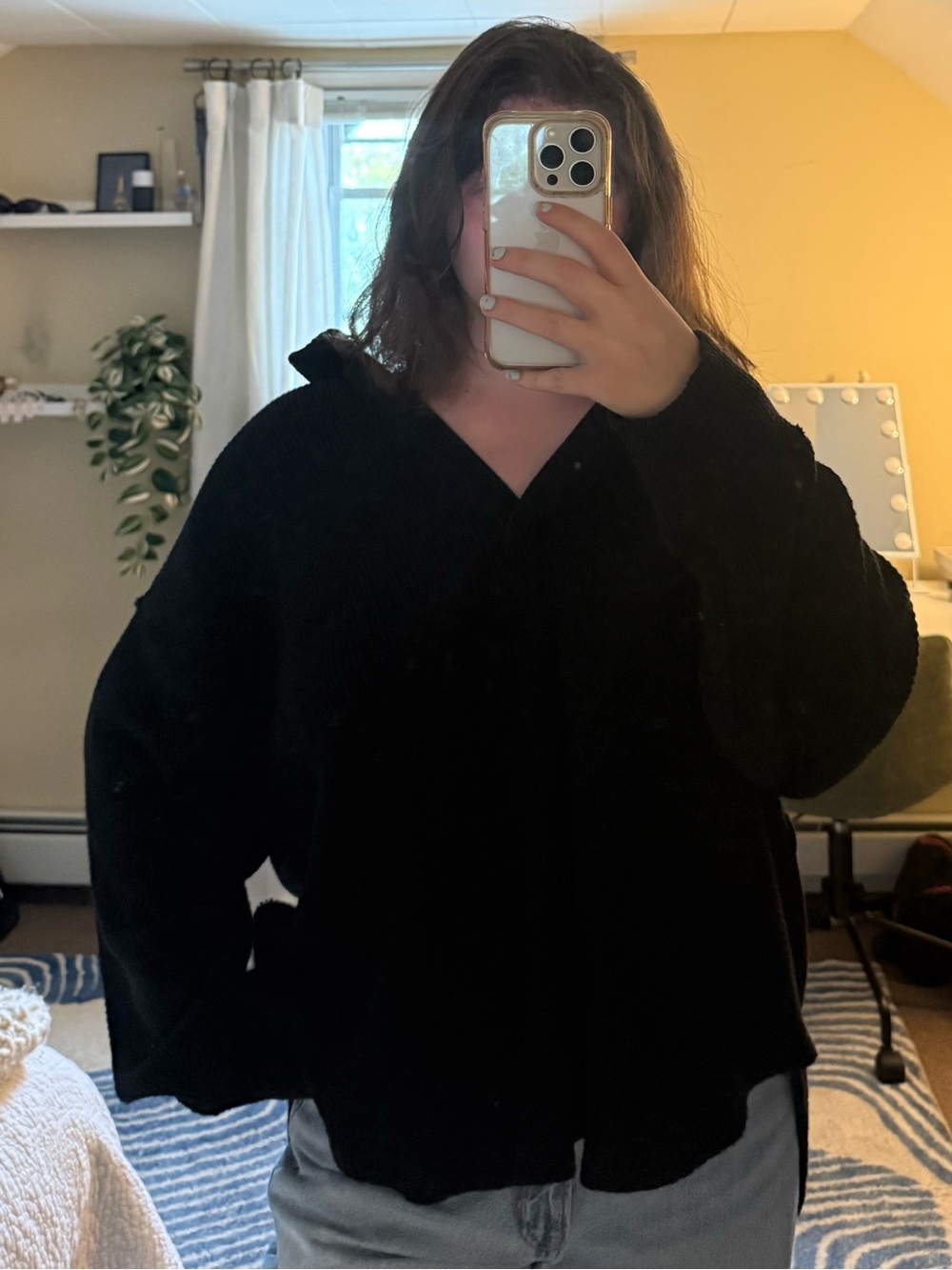 aerie Black Waffle-Knit Button Cardigan